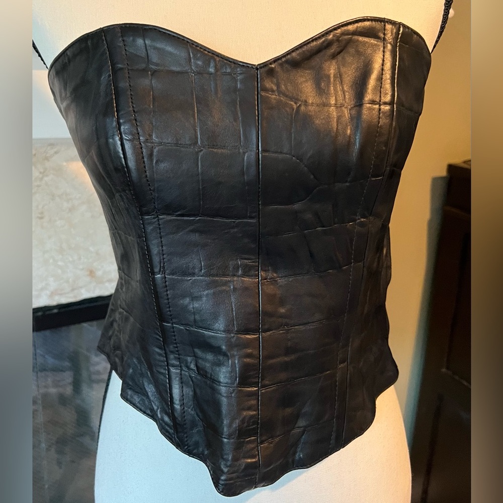 North Beach Leather vintage black leather crocodile embossed bustier, Size XS.